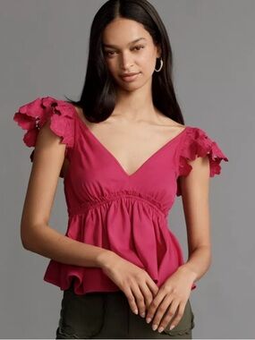 NWT Anthropologie Cotton Flutter-Sleeve V-Neck Babydoll Top